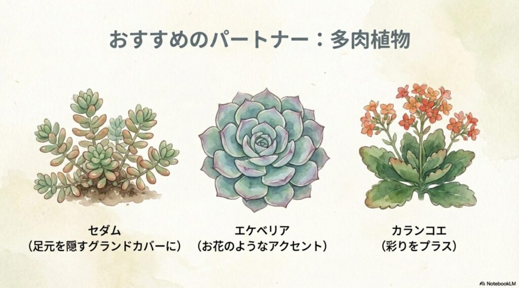 サンスベリアの寄せ植えにおすすめのパートナーである多肉植物(セダム、エケベリア、カランコエ)