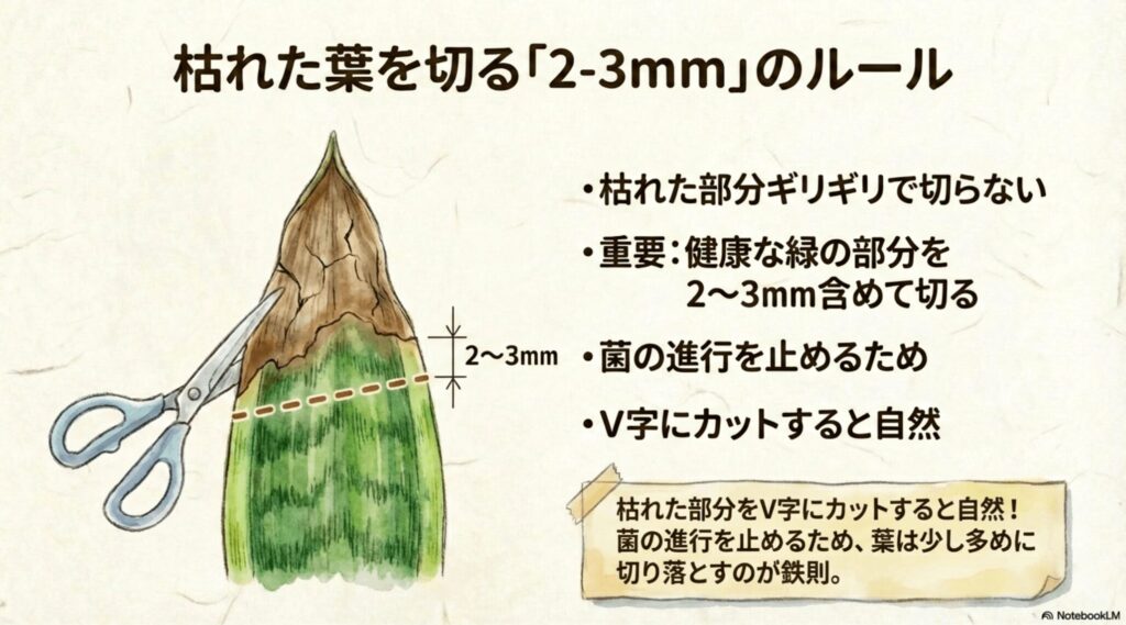 枯れた部分の菌の進行を止めるため、健康な緑の部分を2〜3mm含めてV字にハサミでカットするルールの解説図