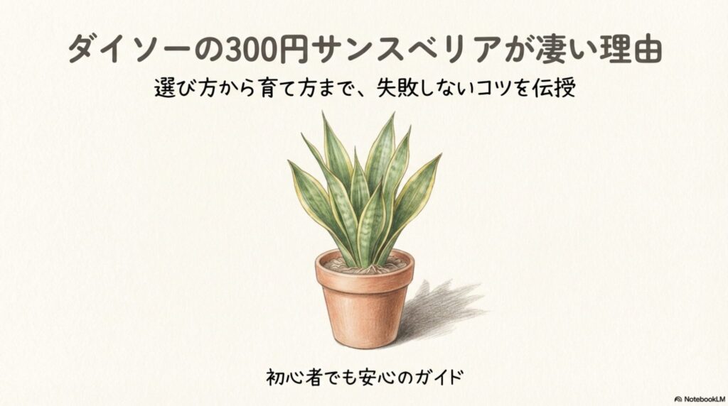 ダイソーの300円商品として販売されている立派なサンスベリアの鉢植えイラスト