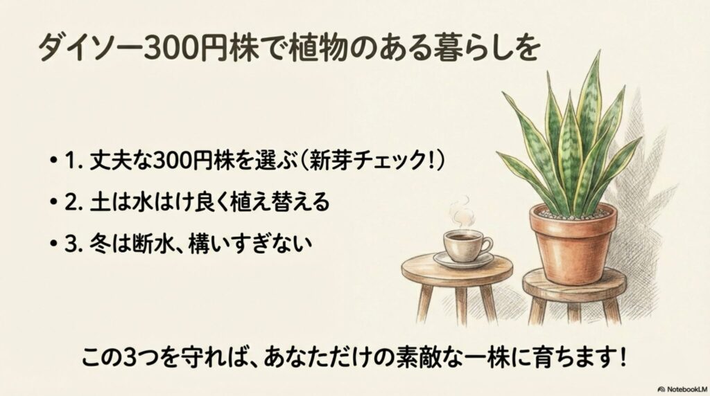 植物のある暮らしを楽しむサンスベリアのイラストと、育てるための3つの重要ポイントまとめ