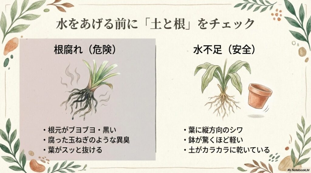 根腐れの異臭やブヨブヨ感と、水不足のシワや軽さを比較したイラストチャート