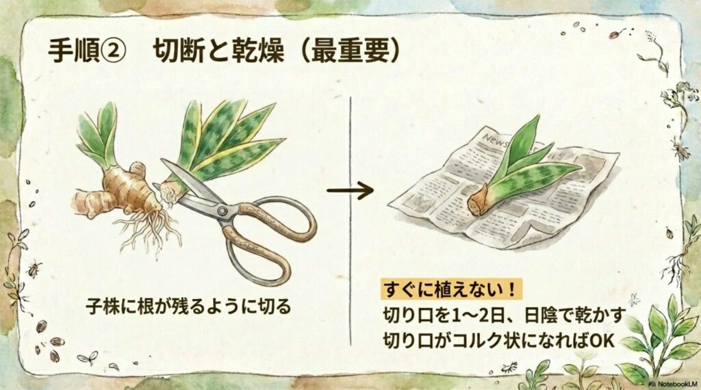 サンスベリアの株分け手順。子株に根が残るように切り、切り口を1〜2日日陰で乾燥させてコルク状にするのが最重要ポイント。