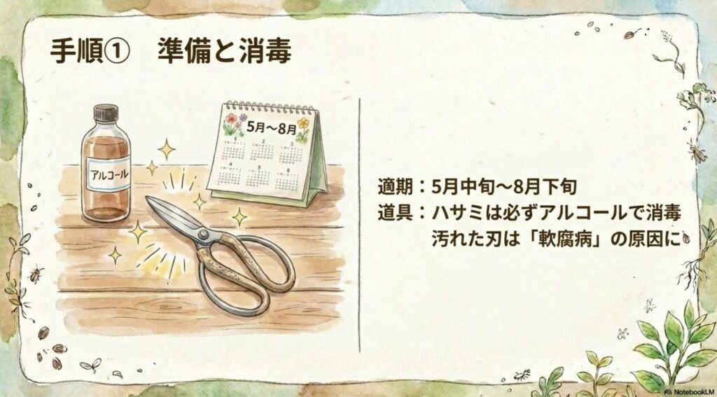 サンスベリアの株分け適期は5月から8月。ハサミは必ずアルコール消毒して軟腐病を予防する。