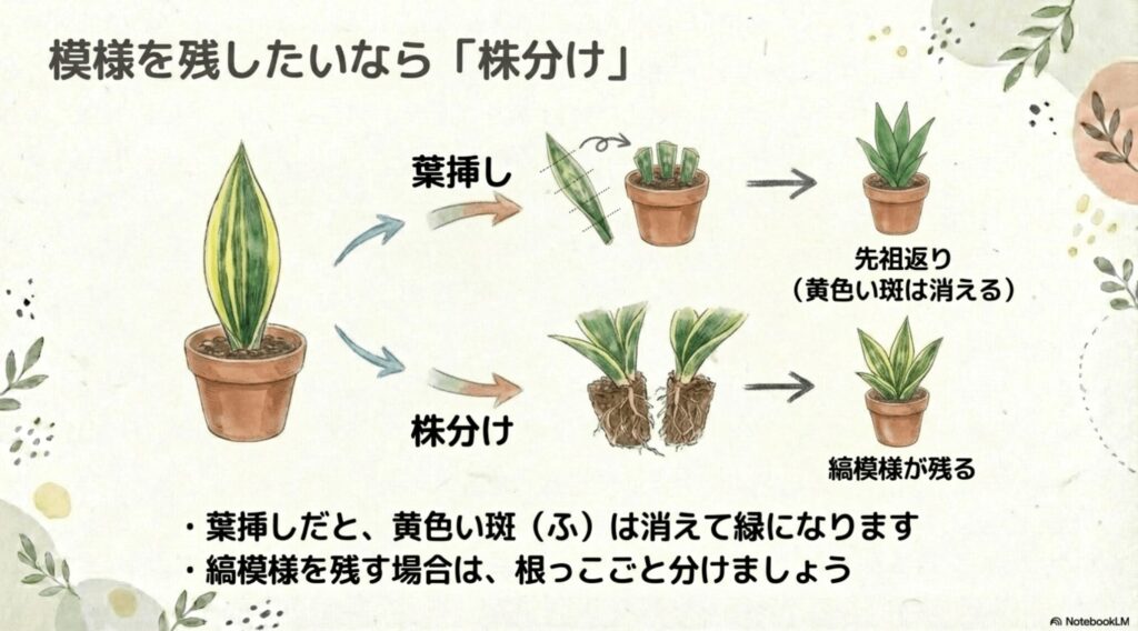 サンスベリアの模様を残したい場合は、葉挿し(先祖返りする)ではなく株分け(縞模様が残る)を選ぶべきであることを示すイラスト。