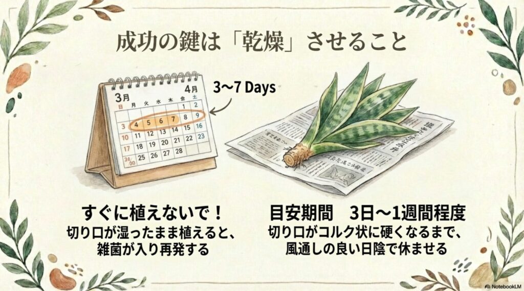 切り口を乾かすために3日から1週間程度の日数が必要であることを示したカレンダーのイラスト