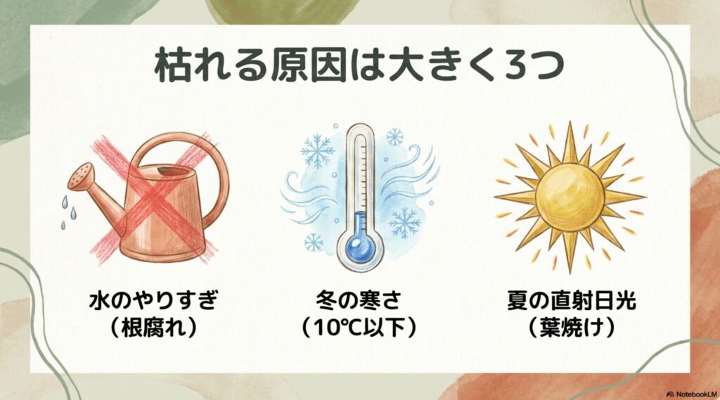 サンスベリアが枯れる原因は大きく3つ。水のやりすぎ、冬の寒さ、夏の直射日光。