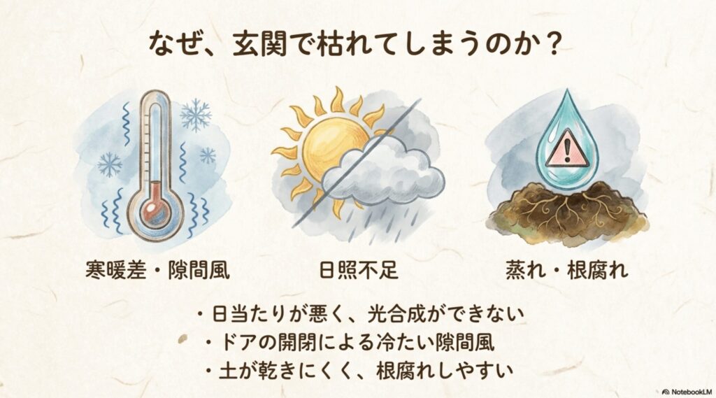 サンスベリアが玄関で枯れる原因である「蒸れ・根腐れ」「寒暖差・隙間風」「日照不足」を示した図解