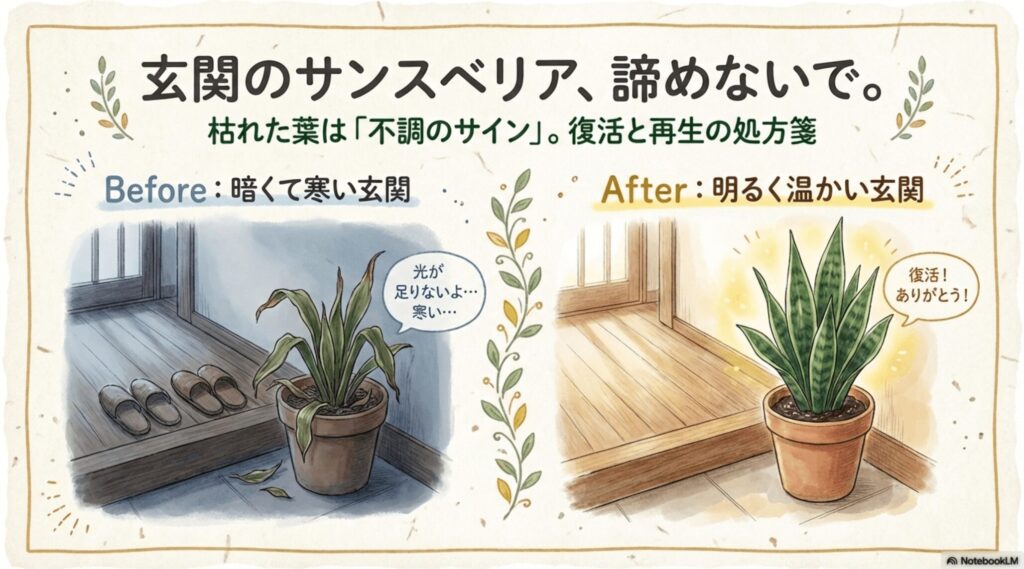 暗くて寒い玄関で枯れかけたサンスベリアが、明るく温かい環境で復活するイメージイラスト