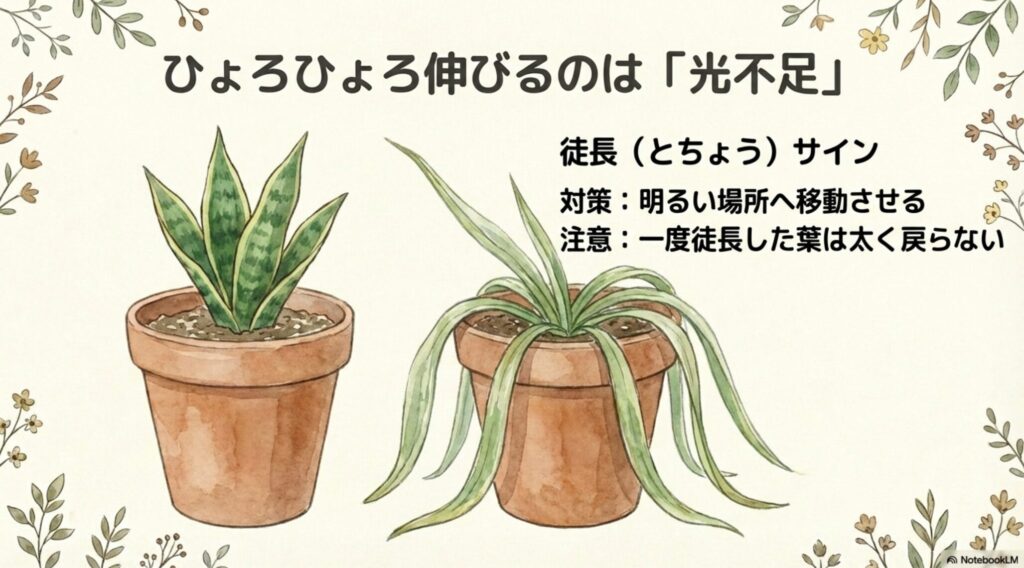 サンスベリアがひょろひょろ伸びるのは光不足による徒長のサイン。対策として明るい場所へ移動させるが、一度徒長した葉は太く戻らないので注意が必要。