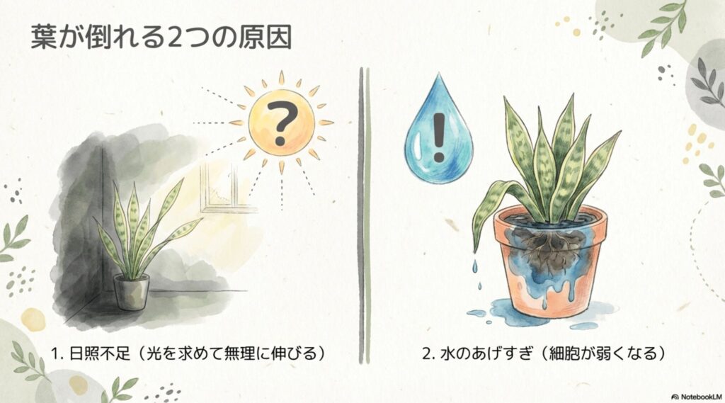 サンスベリアの葉が倒れる原因を図解したイラスト。日照不足と水のあげすぎが原因として挙げられている。