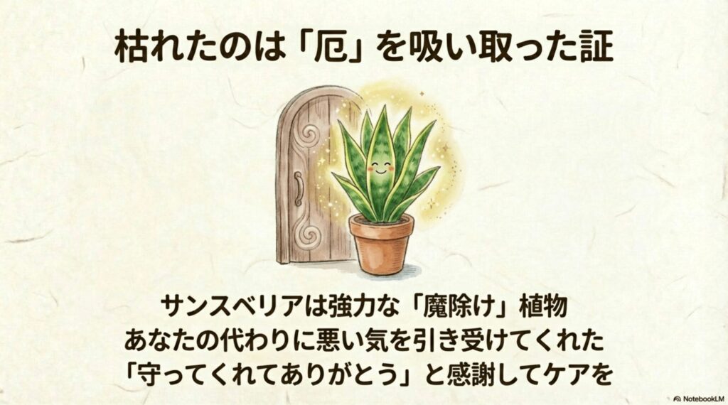 笑顔のサンスベリアが玄関で光り輝き、強力な魔除けとして悪い気や厄を吸い取ってくれたことを表すイラスト