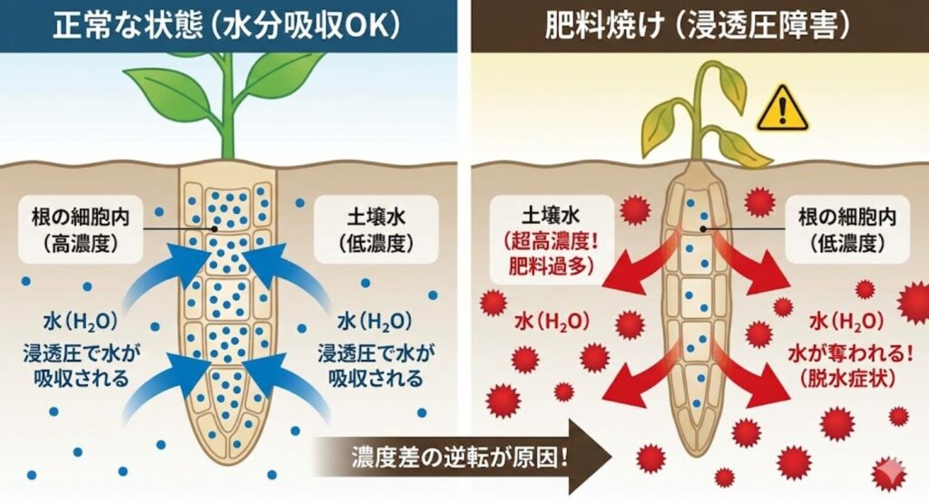 肥料焼けのメカニズムを解説したイラスト。左側の「正常な状態」では土壌水より根の細胞内の濃度が高く、浸透圧で水が吸収されている。右側の「肥料焼け(浸透圧障害)」では土壌水が肥料過多で超高濃度になり濃度差が逆転。浸透圧によって逆に根の細胞内から水分が奪われ、植物が脱水症状を起こしている様子。