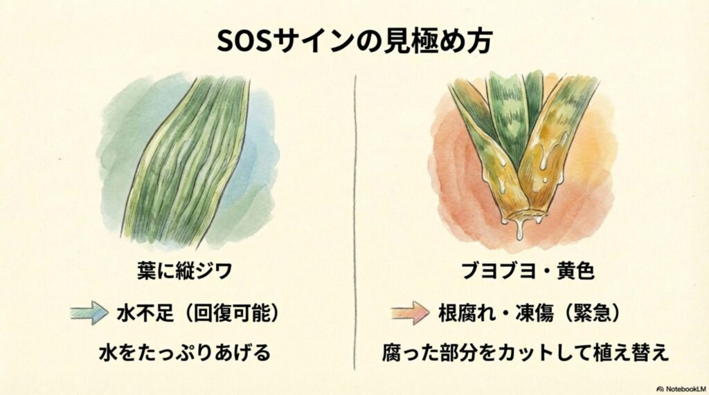 サンスベリアの不調サインの見極め方（葉のシワと変色）
