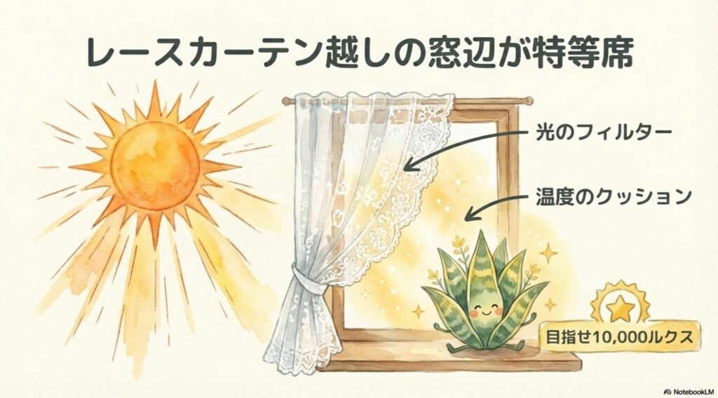 サンスベリアの特等席はレースカーテン越しの窓辺。光のフィルターと温度のクッションの役割を果たし、10,000ルクスを目指すのが最適。