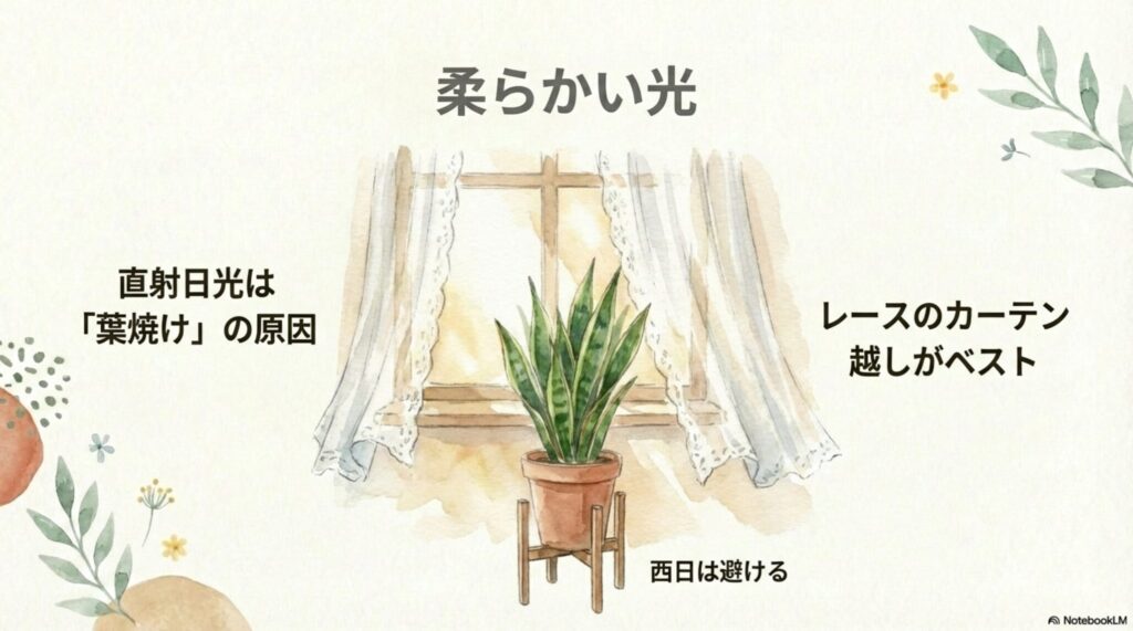 直射日光はサンスベリアの葉焼けの原因に。レースのカーテン越しの柔らかい光がベスト。