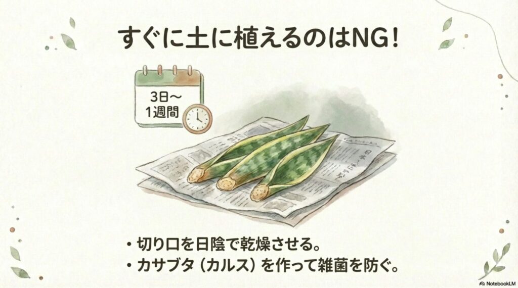 カットしたサンスベリアの葉を新聞紙の上で乾燥させているイラスト。3日から1週間ほど日陰で乾かし、切り口にカサブタ（カルス）を作る工程。