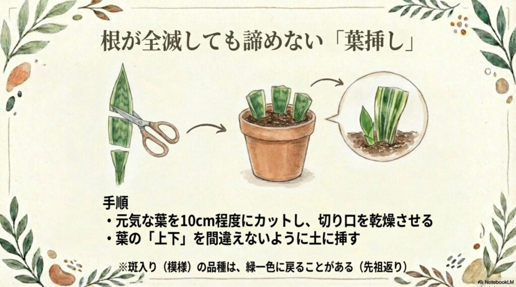 葉を10cm程度にカットし、上下を間違えずに土に挿して発根させる葉挿しの方法