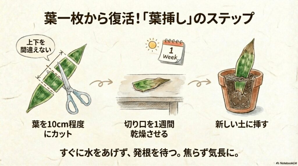 サンスベリアの葉を10cm程度にカットし、1週間乾燥させた後に新しい土に挿す「葉挿し」の全体手順を示したイラスト
