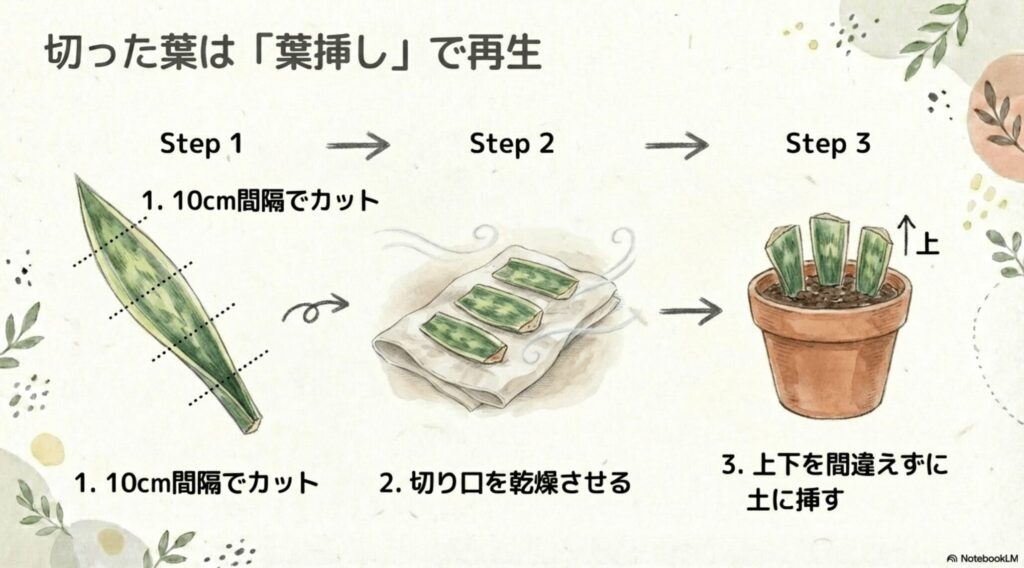 サンスベリアの葉を10cm間隔で切り、乾燥させた後に上下を間違えずに土に挿すまでの3ステップを図解したイラスト。