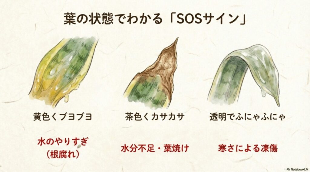 サンスベリアの葉が黄色くブヨブヨ、茶色くカサカサ、透明でふにゃふにゃになる状態と、それぞれの原因(根腐れ、水分不足、凍傷)を解説したイラスト