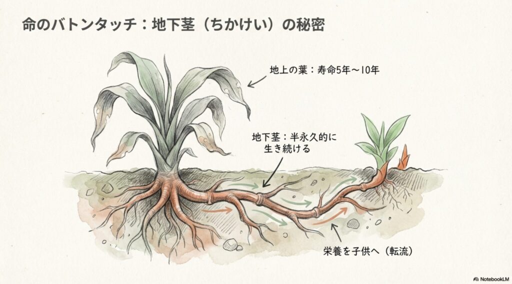 サンスベリアの寿命と地下茎による世代交代の仕組み図解