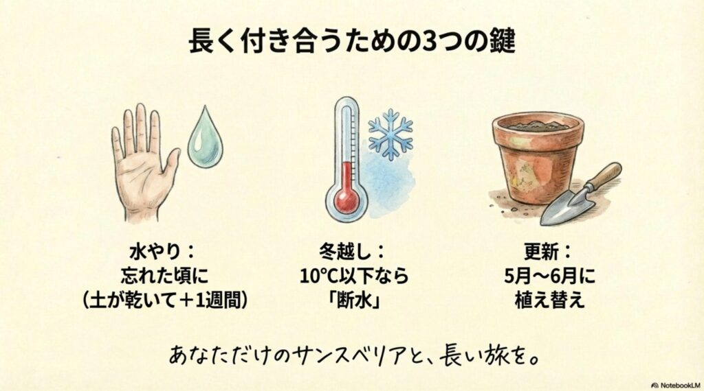 サンスベリアと長く付き合うための3つの鍵（水やり・冬越し・更新）