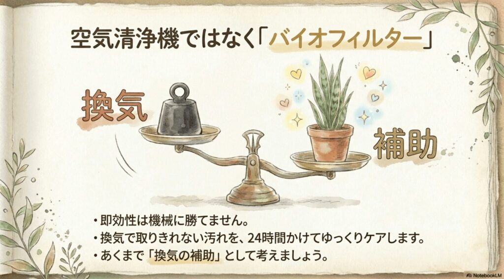 サンスベリアは空気清浄機ではなくバイオフィルター。即効性はないが換気で取りきれない汚れを24時間かけてゆっくりケアする換気の補助役です。