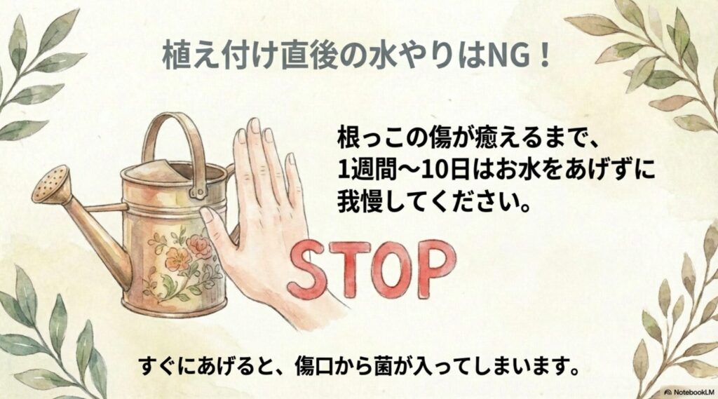 根の傷が癒えるまで1週間から10日は水やりを我慢することを伝えるイラスト