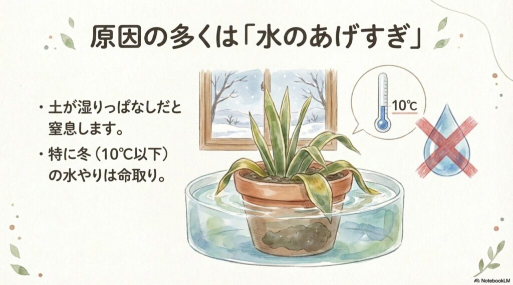 水の入った受け皿に浸かっているサンスベリアのイラスト。10℃以下の冬場に水を与えすぎることが根腐れの主な原因であることを図解。
