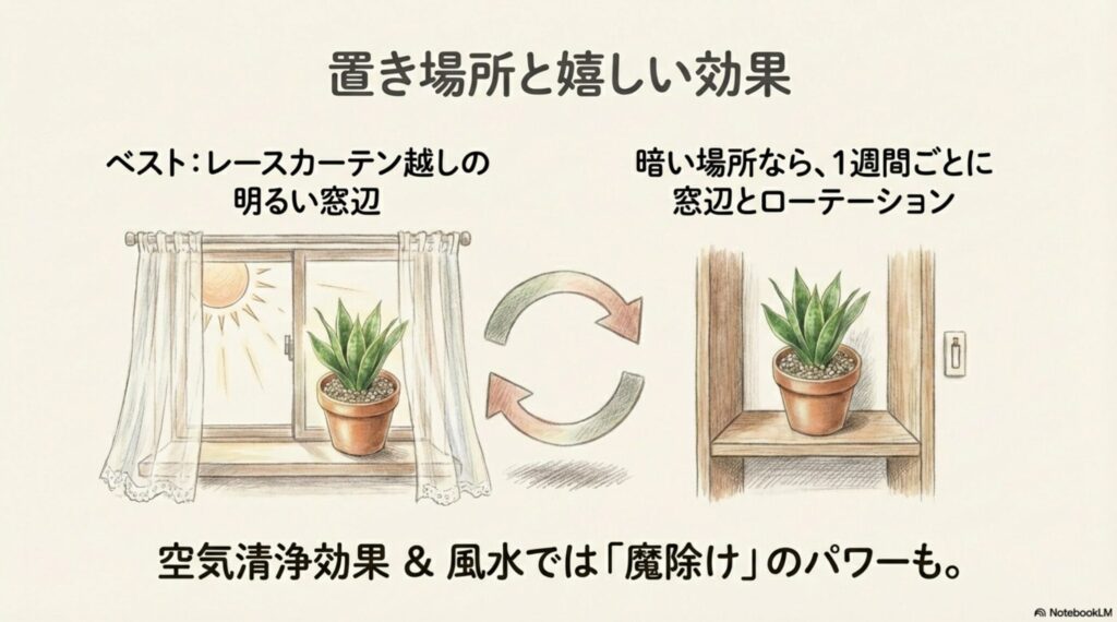 レースカーテン越しの明るい窓辺に置かれたサンスベリアと、空気清浄効果をイメージしたイラスト