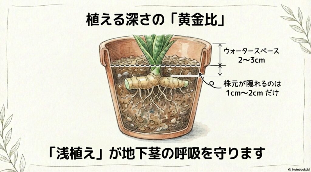 サンスベリアの植え付け深さの図解。ウォータースペース2〜3cm、株元の埋没1〜2cmを示す断面図
