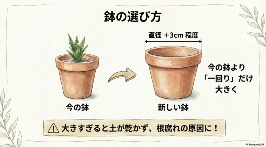 サンスベリアの植え替えにおける鉢の選び方。今より一回り（直径プラス3cm）大きいサイズを選ぶ図解