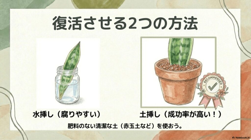 サンスベリアを復活させる2つの方法。水挿しよりも土挿しが成功率が高くおすすめ。肥料のない清潔な土を使おう。