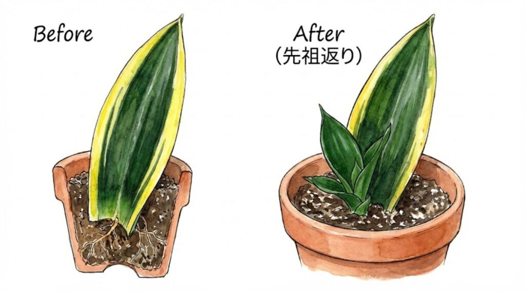 斑入りサンスベリアの葉挿しによる「先祖返り」現象のイラスト。左のBeforeでは黄色い縁のある葉を土に植えているが、右のAfterではそこから新しく生えた子株が緑一色（斑なし）になっている様子。