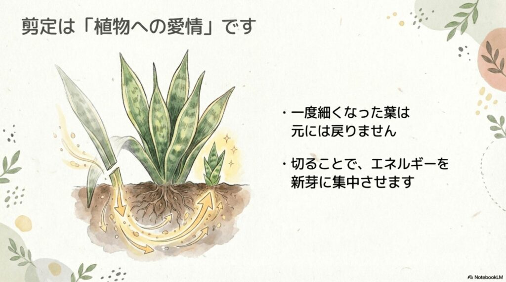 サンスベリアの徒長した葉を剪定することで、土の中のエネルギーが新芽に集中する様子を図解したイラスト。