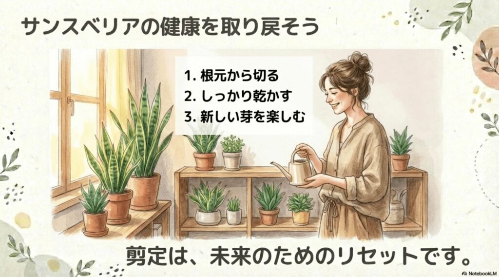 サンスベリアの剪定手順のまとめ。「根元から切る」「しっかり乾かす」「新しい芽を楽しむ」の3つが記載されている。