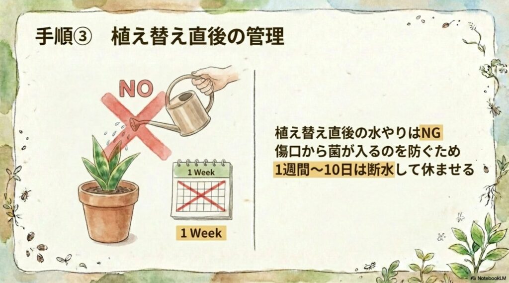 サンスベリアの植え替え直後の水やりはNG。傷口からの菌の侵入を防ぐため、1週間から10日は断水して休ませる。