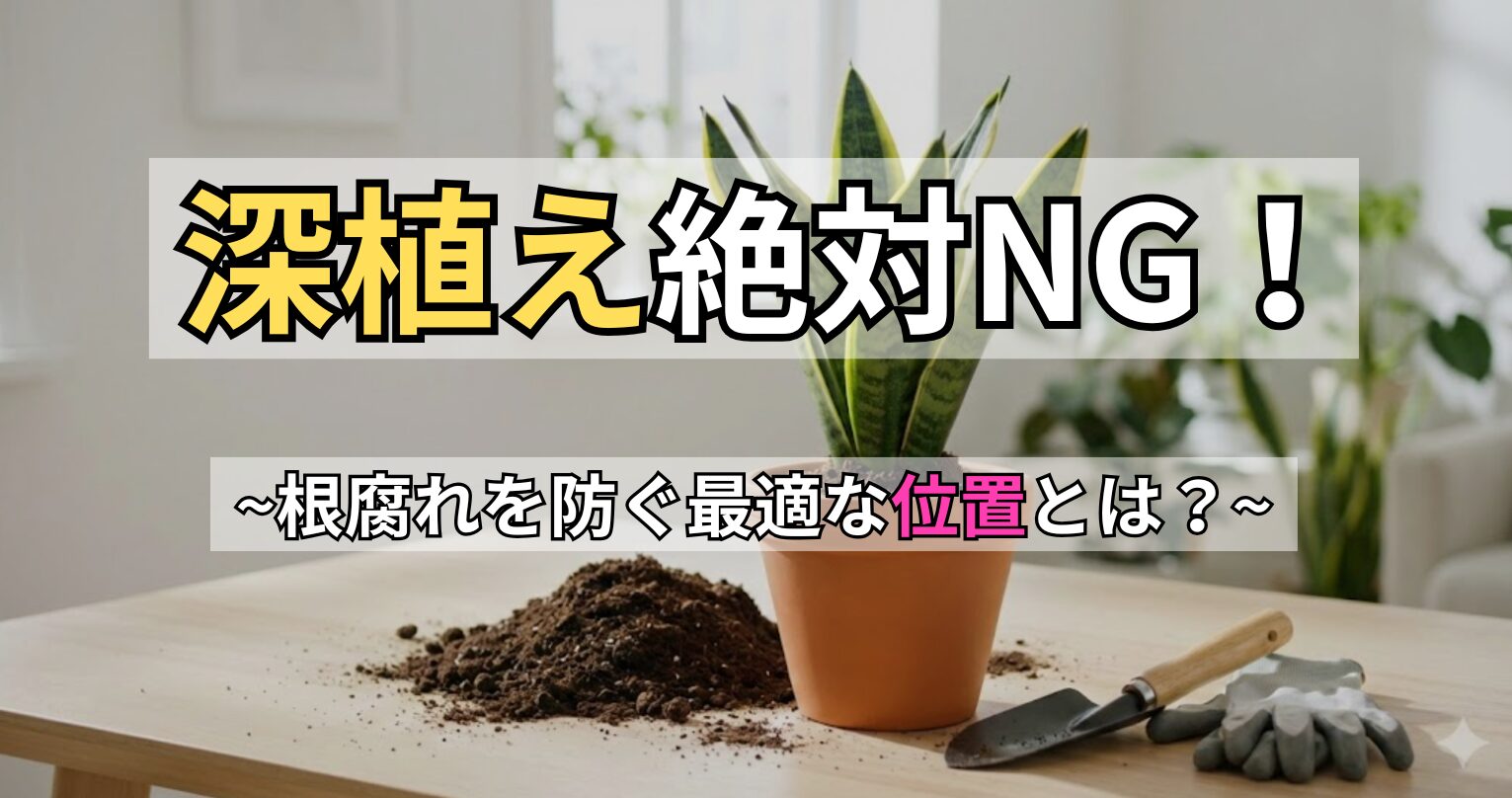 サンスベリアの植え替え深さを解説するアイキャッチ画像。「深植え絶対NG！根腐れを防ぐ最適な位置とは？」というテキストと共に、テーブルの上に置かれたサンスベリア、植え替え用の土、テラコッタ鉢、スコップが写っている。