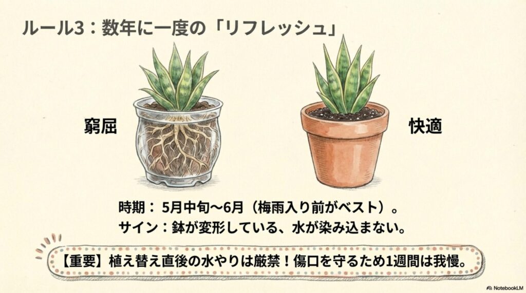 サンスベリアの植え替え時期と根詰まりのイラスト解説