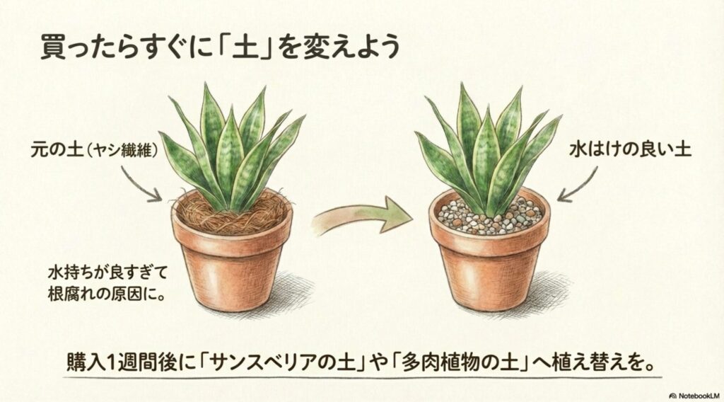 サンスベリアの土を保水性の高いヤシ繊維から水はけの良い用土へ植え替えるビフォーアフターイラスト