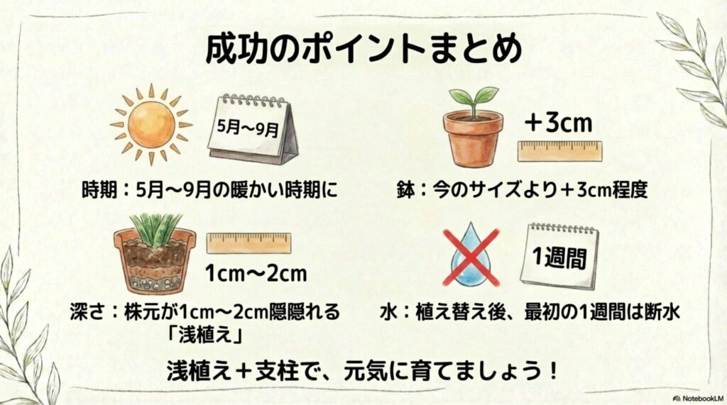 サンスベリアの植え替え成功の5つのポイント（時期、鉢サイズ、深さ、支柱、水やり）のまとめ図解