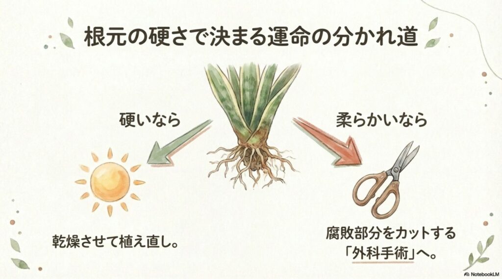 サンスベリアの根元の硬さによって対処法を分けるフローチャート。硬いなら植え直し、柔らかいなら腐敗部分をカットする外科手術が必要であることを解説。