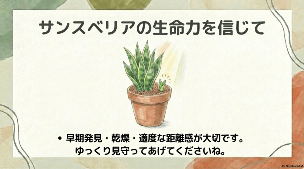 サンスベリアの生命力を信じてゆっくり見守りましょう。根元から可愛い新芽が出て復活した様子。