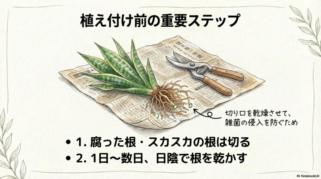 サンスベリアの植え替え手順。腐った根を切り、切り口を乾燥させて雑菌を防ぐためのイラスト解説