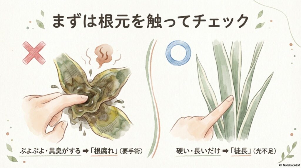 サンスベリアの根元を触って確認するイラスト。ぶよぶよで異臭がする場合は根腐れ、硬い場合は徒長の可能性が高いことを示している。