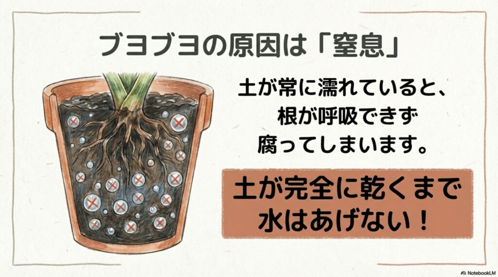 ブヨブヨに枯れる原因は土の中の窒息。常に濡れていると根が呼吸できず腐ってしまいます。