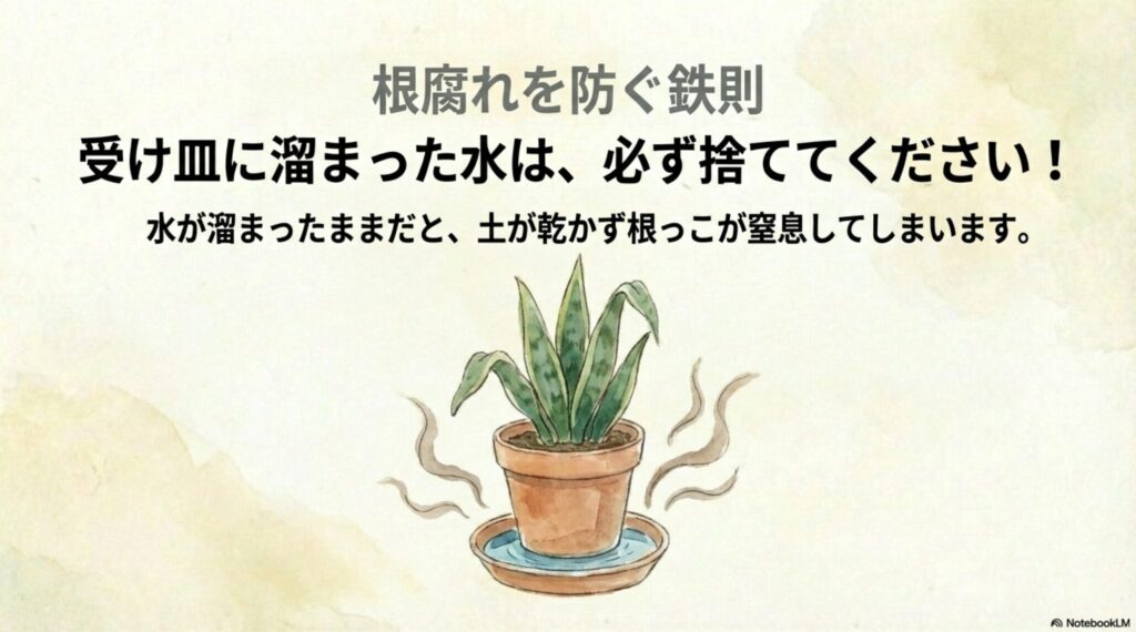 受け皿に水が溜まったままで根っこが窒息し、根腐れを起こす原因になることを示すイラスト