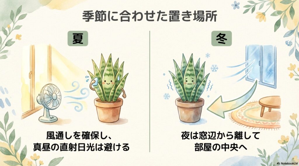 サンスベリアの季節に合わせた置き場所。夏は風通しを確保し真昼の直射日光を避ける。冬は夜間は窓辺から離して部屋の中央へ移動させる。