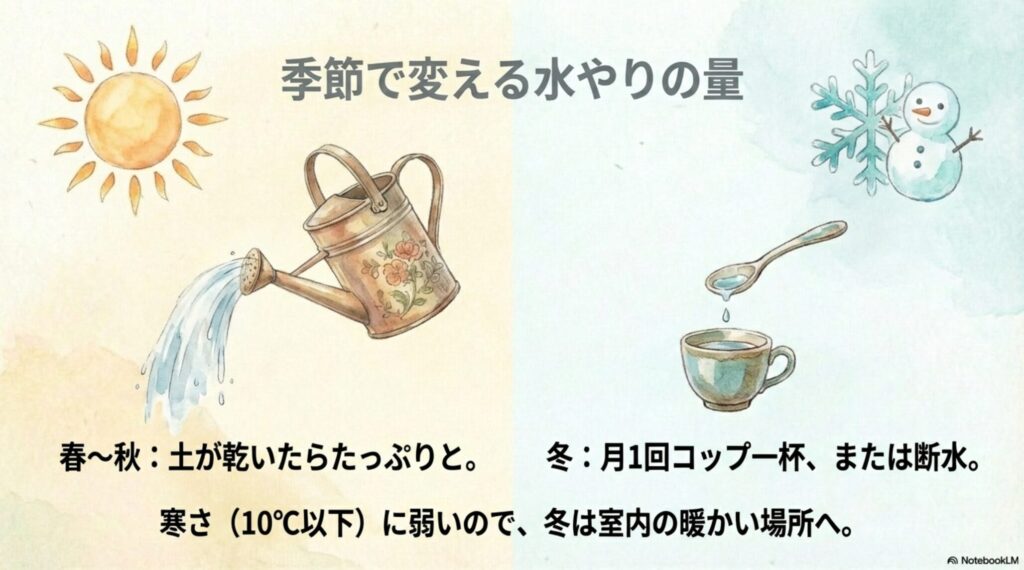春から秋はたっぷりと、冬はコップ一杯または断水するという季節ごとの水やり量の目安