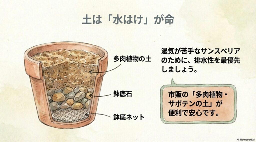 鉢底ネット、鉢底石、多肉植物の土の層を描いた、水はけを最優先する土の構造イラスト